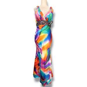 Y2K Cache Rainbow Jewel Embellished Open Back Formal Gown Prom Pageant Dress 2